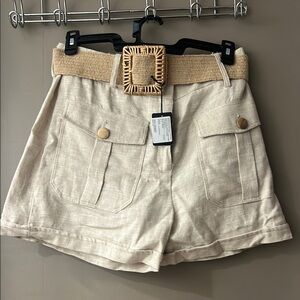 Women's Beige Linen Shorts with Woven Belt